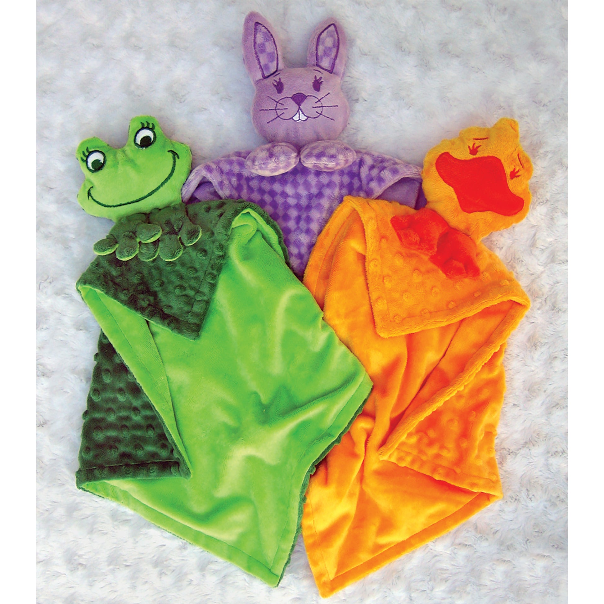 Hankie Blankie Pets New Friends which include a blankie pet toy frog, bunny, and duck.