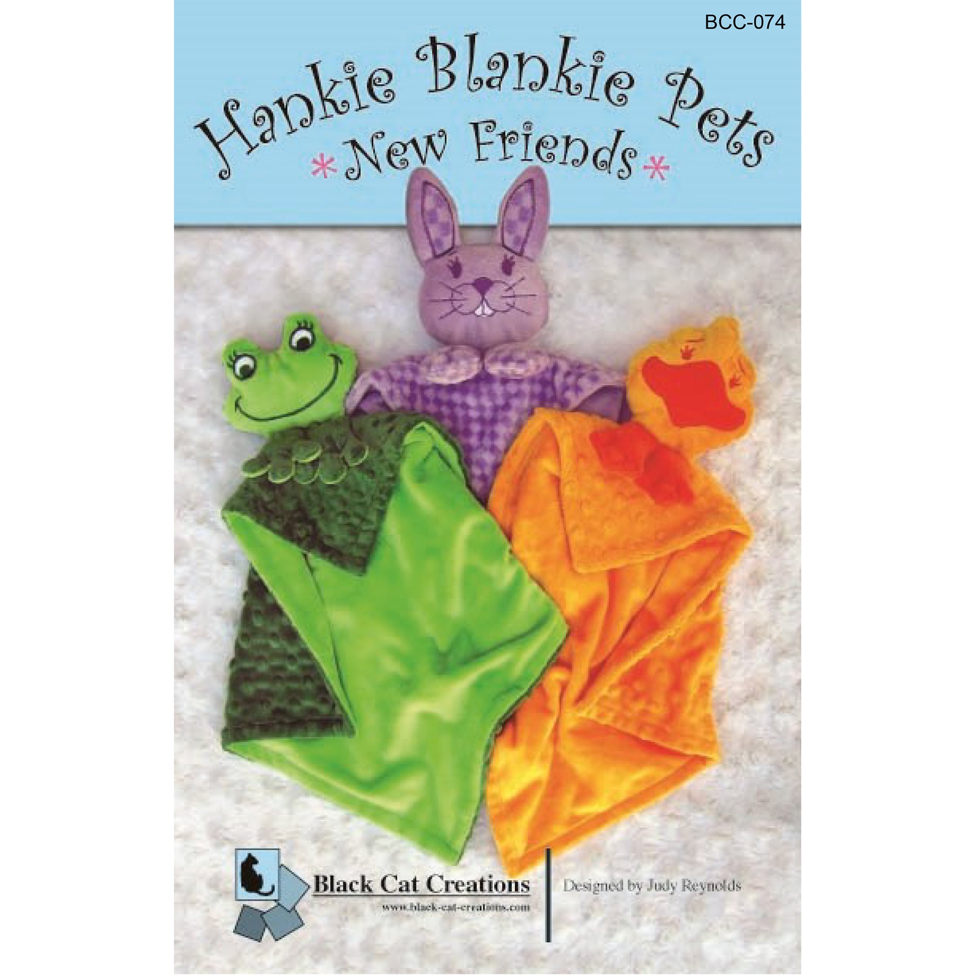 Cover image of pattern for Hankie Blankie Pets New Friends which include a blankie frog, bunny, and duck.