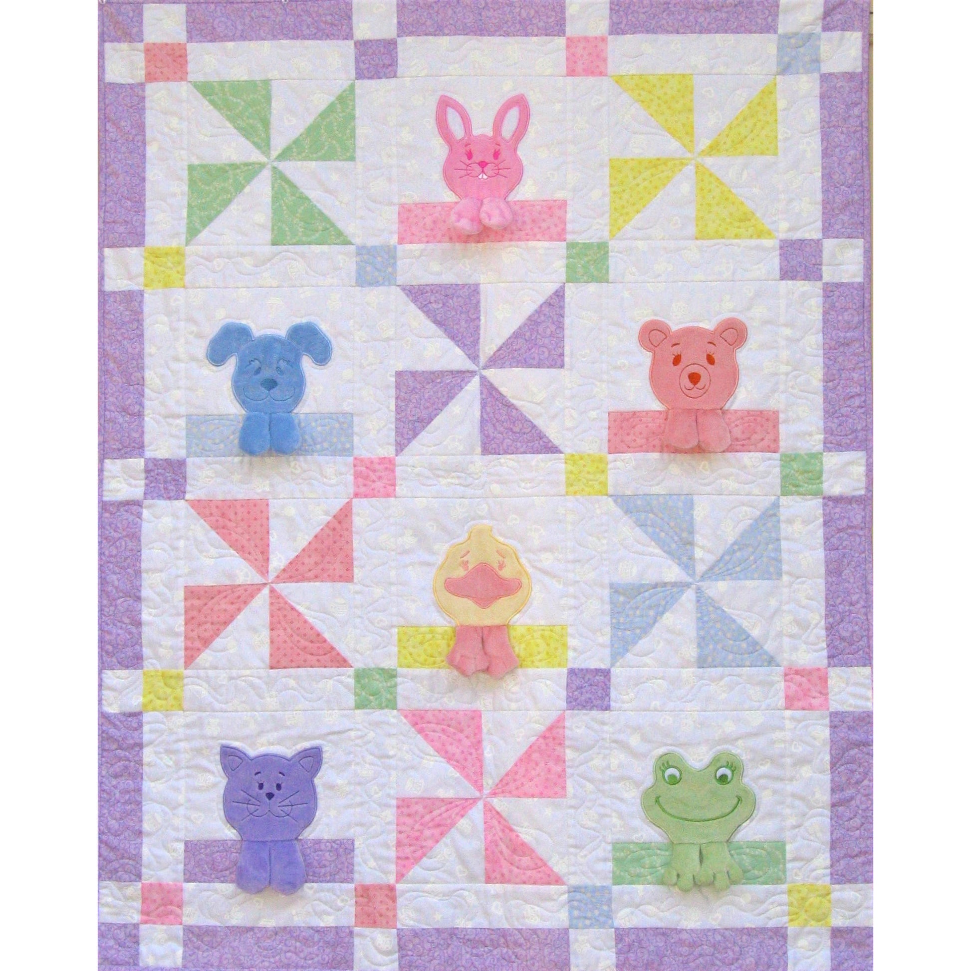 The Hankie Blankie Pets Baby quilt is an adorable quilt containing all 6 faces and paws for: bunny, dog, bear, duck, cat and frog.