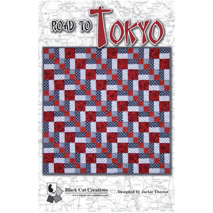 Quilt with red, white, and blue pattern on a white background with 'Road to Tokyo' text.