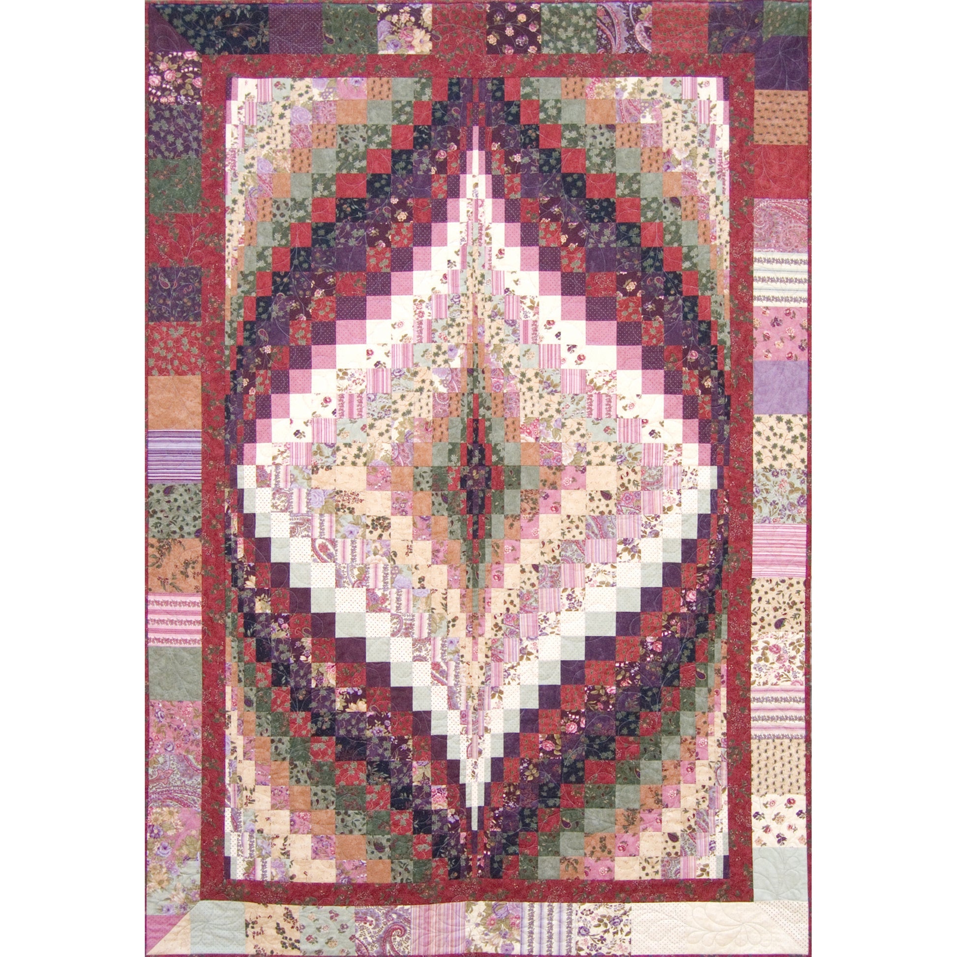 Pretty bargello quilt features a diamond pattern with a striped border.