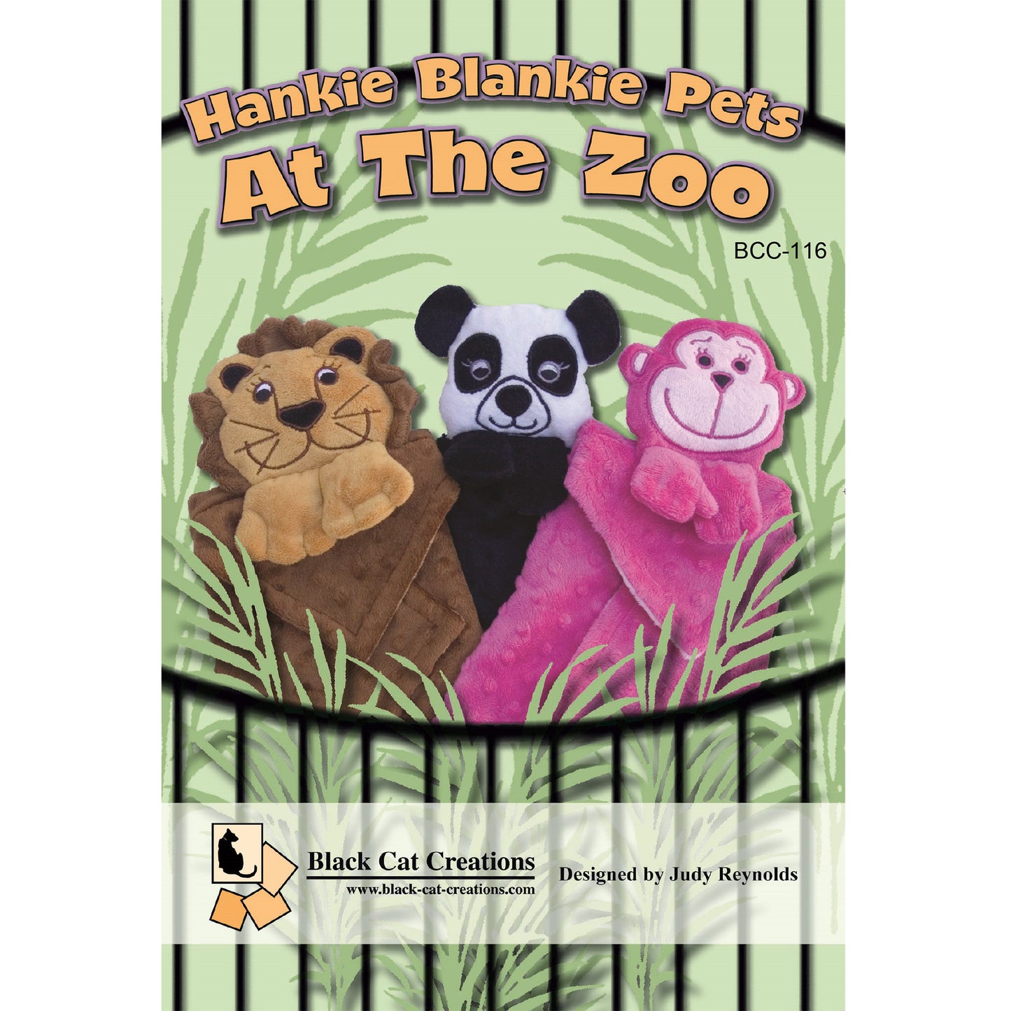 Cover image of pattern for Hankie Blankie Pets with three hankie blankie pals: lion, panda, and monkey.