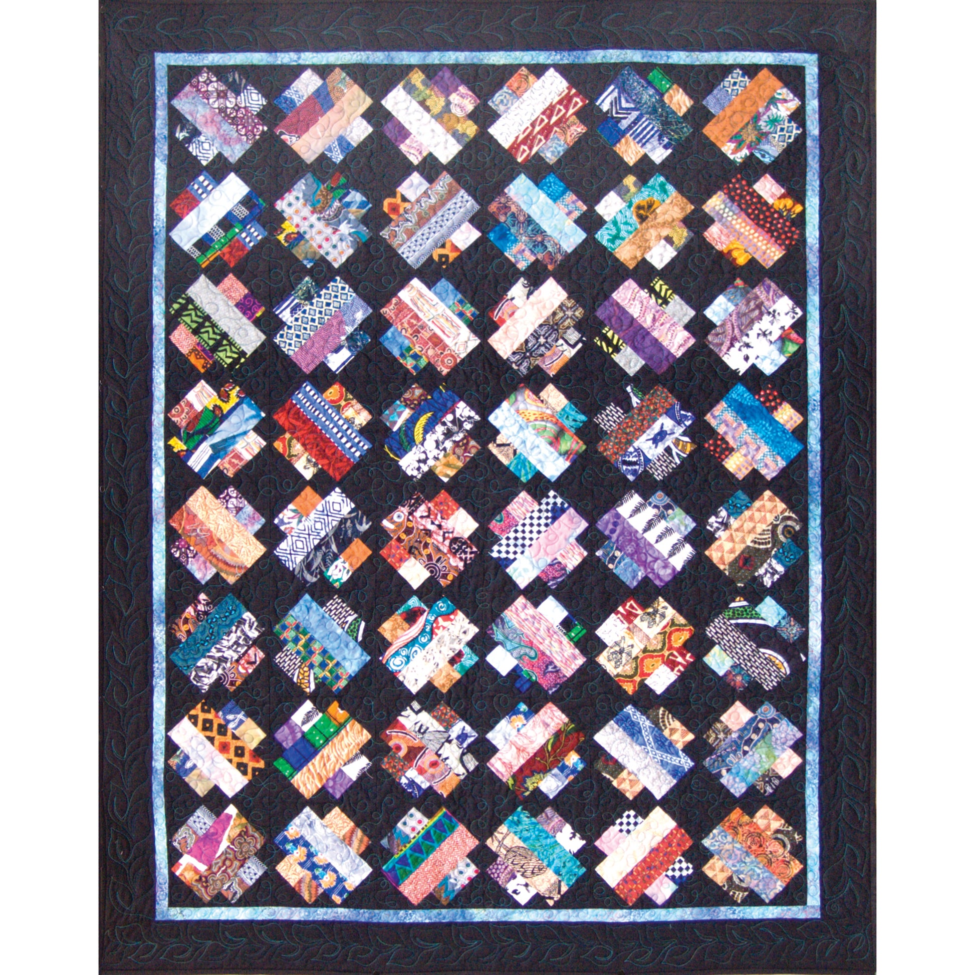 Fun quilt features color "coins" of color on a black background.  Fun scrappy look.