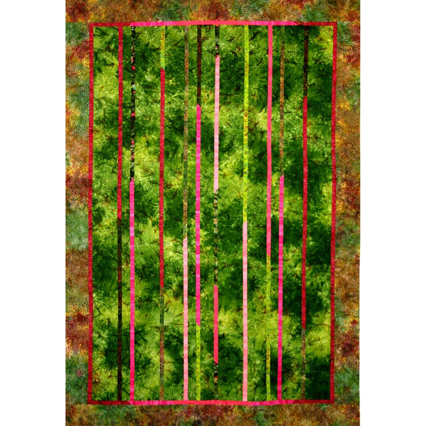 Abstract art quilt pattern with vertical green and pink lines on a textured brown background