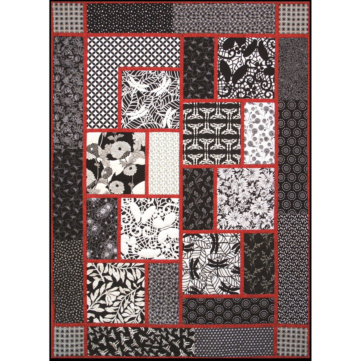 The Big Block Quilt pattern by Black Cat Creations shown in black and white fabrics with red accents.
