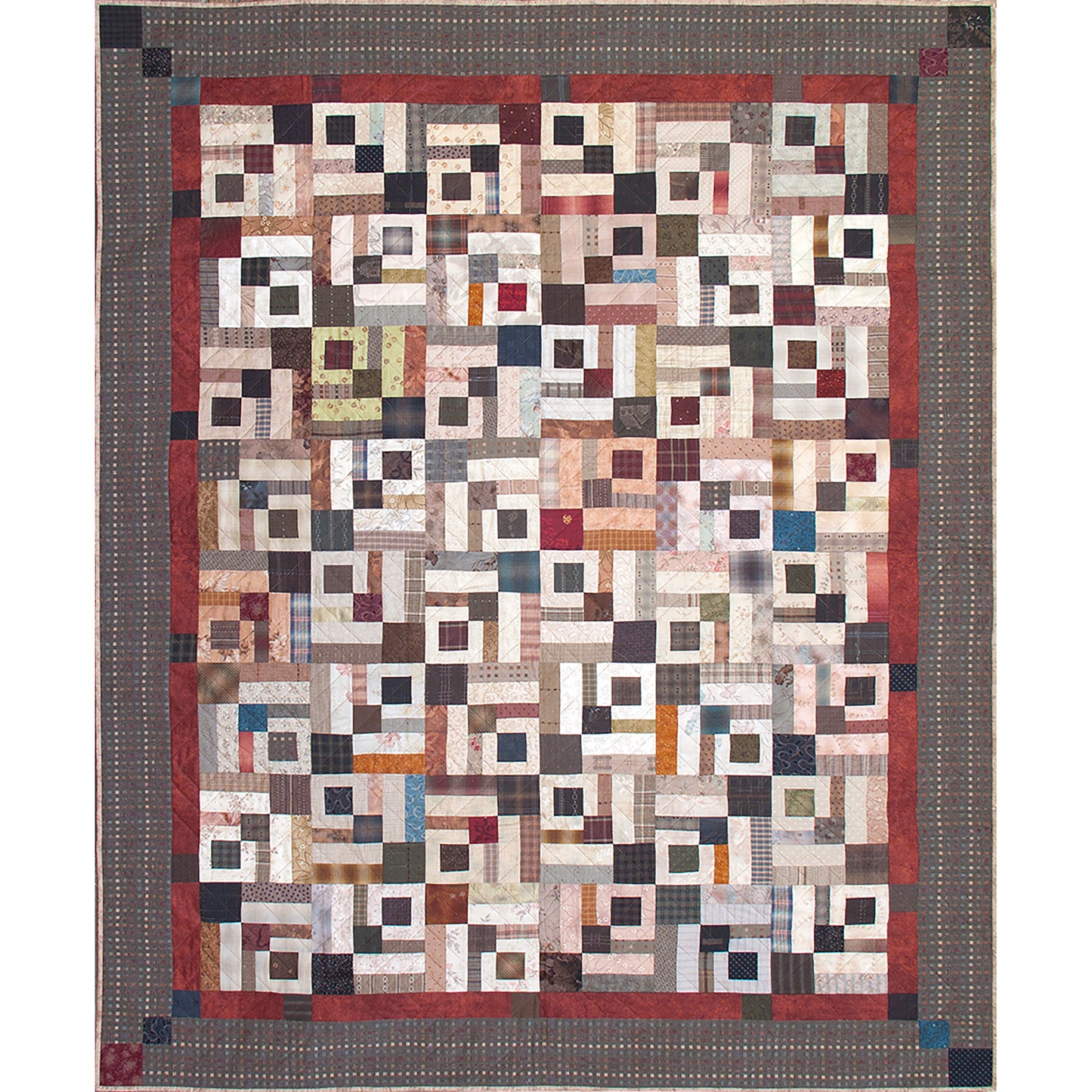 Fun scrappy quilt features darker rows of diamonds which is subtle with the colorful squares and rectangles.
