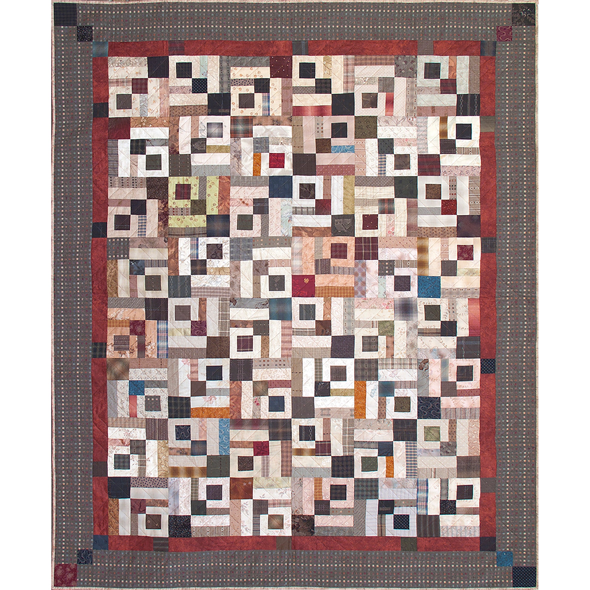 Fun scrappy quilt features darker rows of diamonds which is subtle with the colorful squares and rectangles.