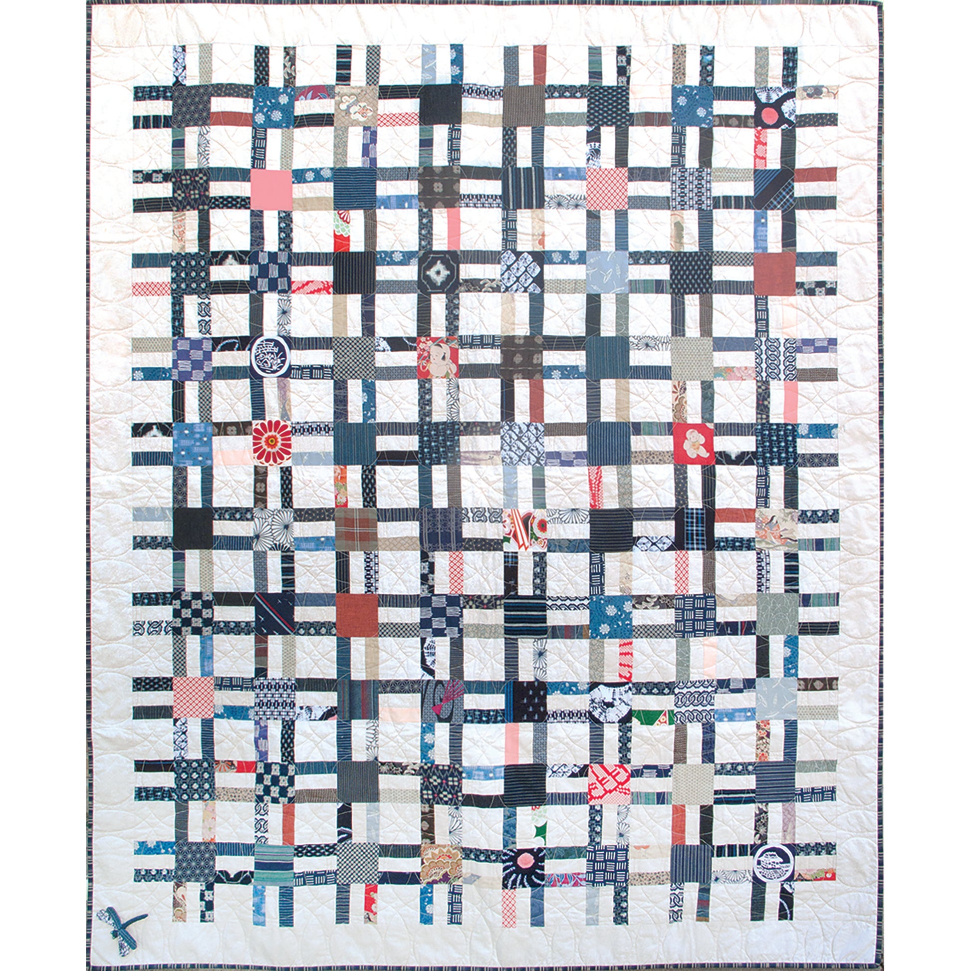 Fun double, crossing stripes quilt with colorful blocks on some of the created blocks.