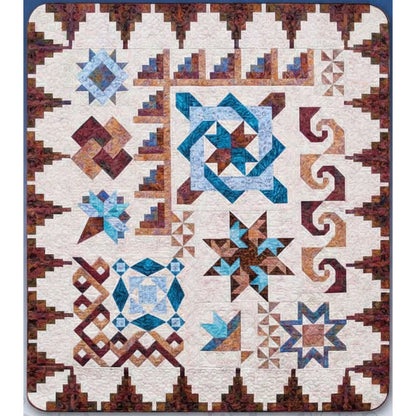 Nancy's Fancy quilt by Black Cat Creations with geometric pattern featuring stars and swirls in brown, blue, and white.