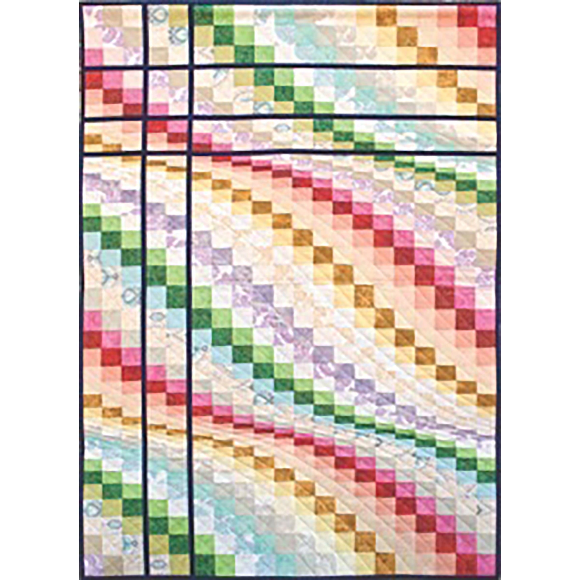 One layer cake (a pack of pre-cut 10” squares) will make any one of these gorgeous bargello quilts. This one has rolling colors with two vertical lines on the left that intersect with the three horizontal lines on the top.