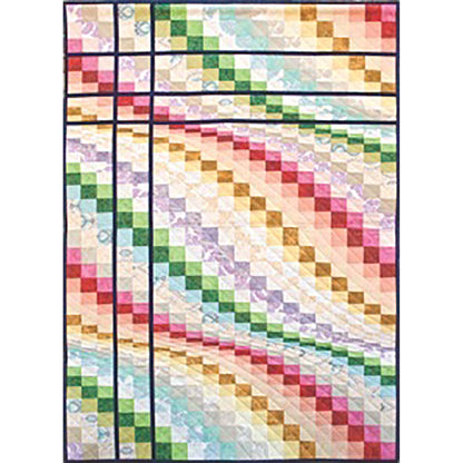 One layer cake (a pack of pre-cut 10” squares) will make any one of these gorgeous bargello quilts. This one has rolling colors with two vertical lines on the left that intersect with the three horizontal lines on the top.