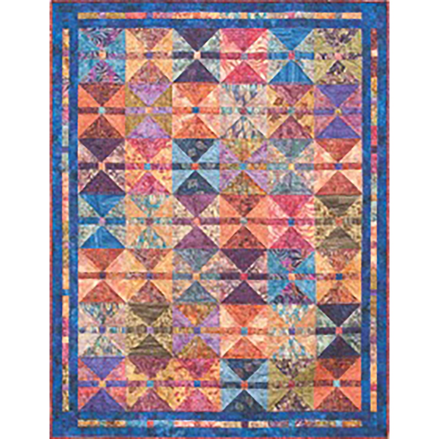 Fat quarter quilt with diamonds with two colors each and rows between rows of diamonds with a line between them.