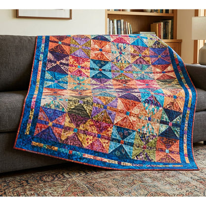Colorful quilt on a sofa in a living room setting