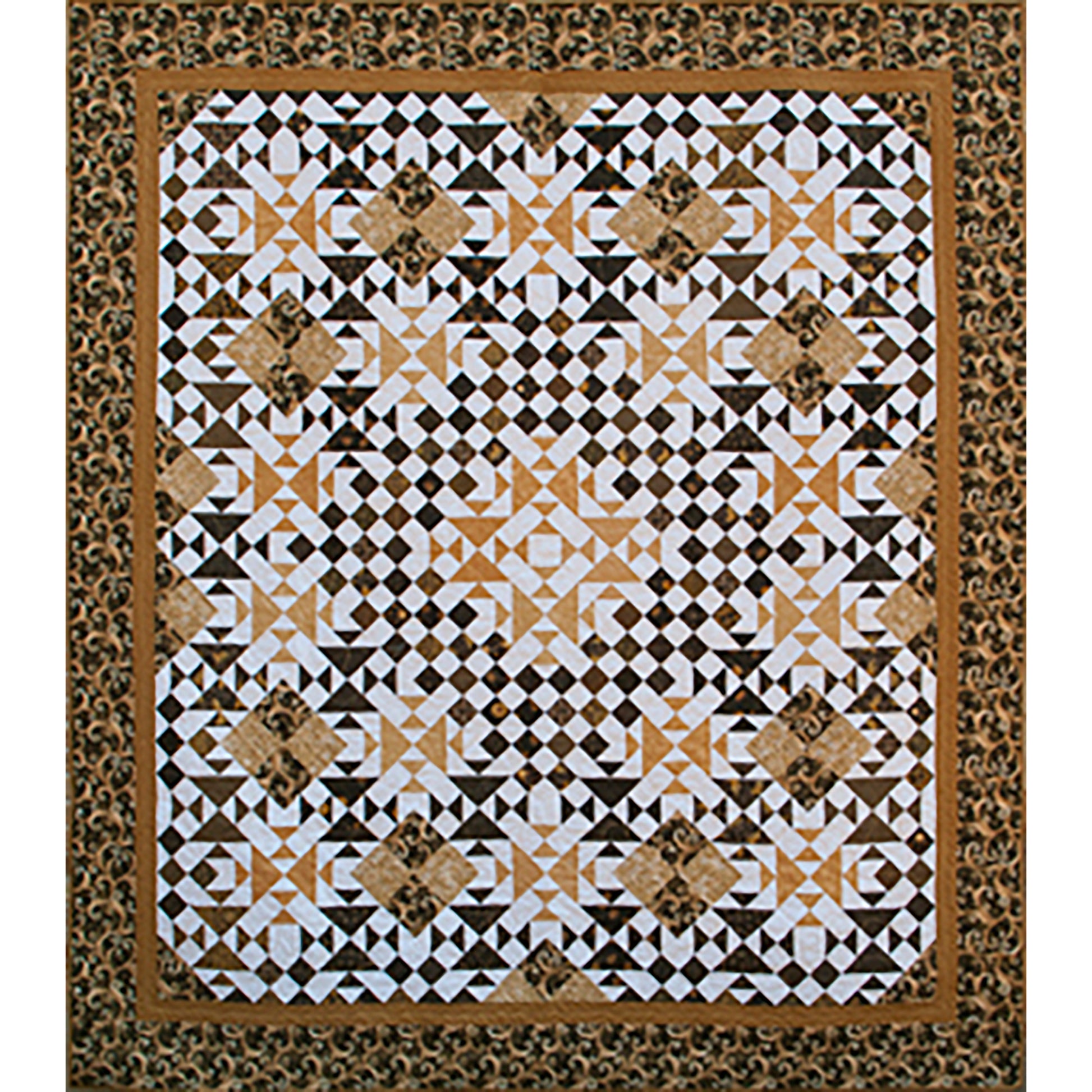 Pretty quilt features intricate-looking shapes in neutral colors.