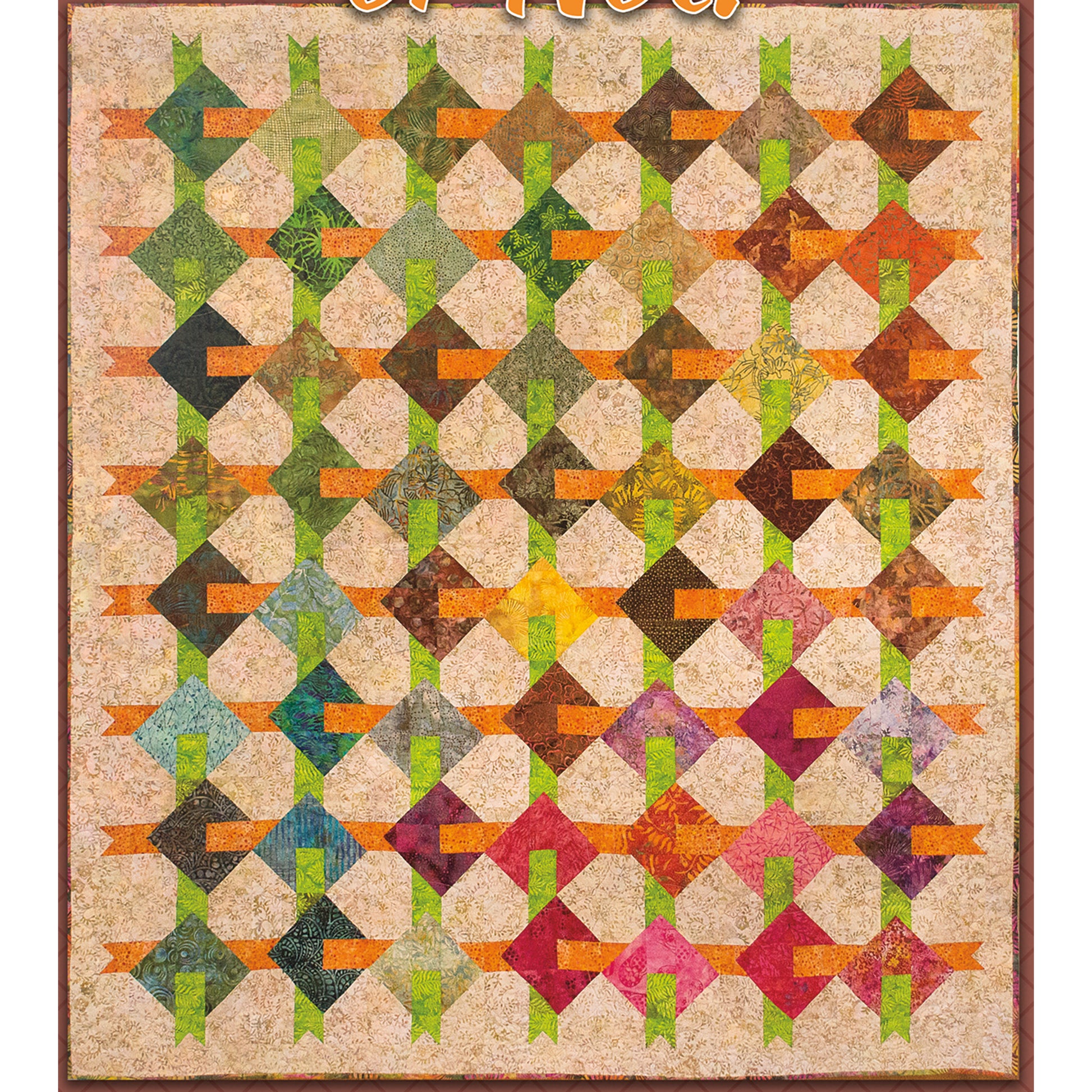 Fun quilt features diamonds that appear to be woven through from top and bottom in green and left to right in orange.