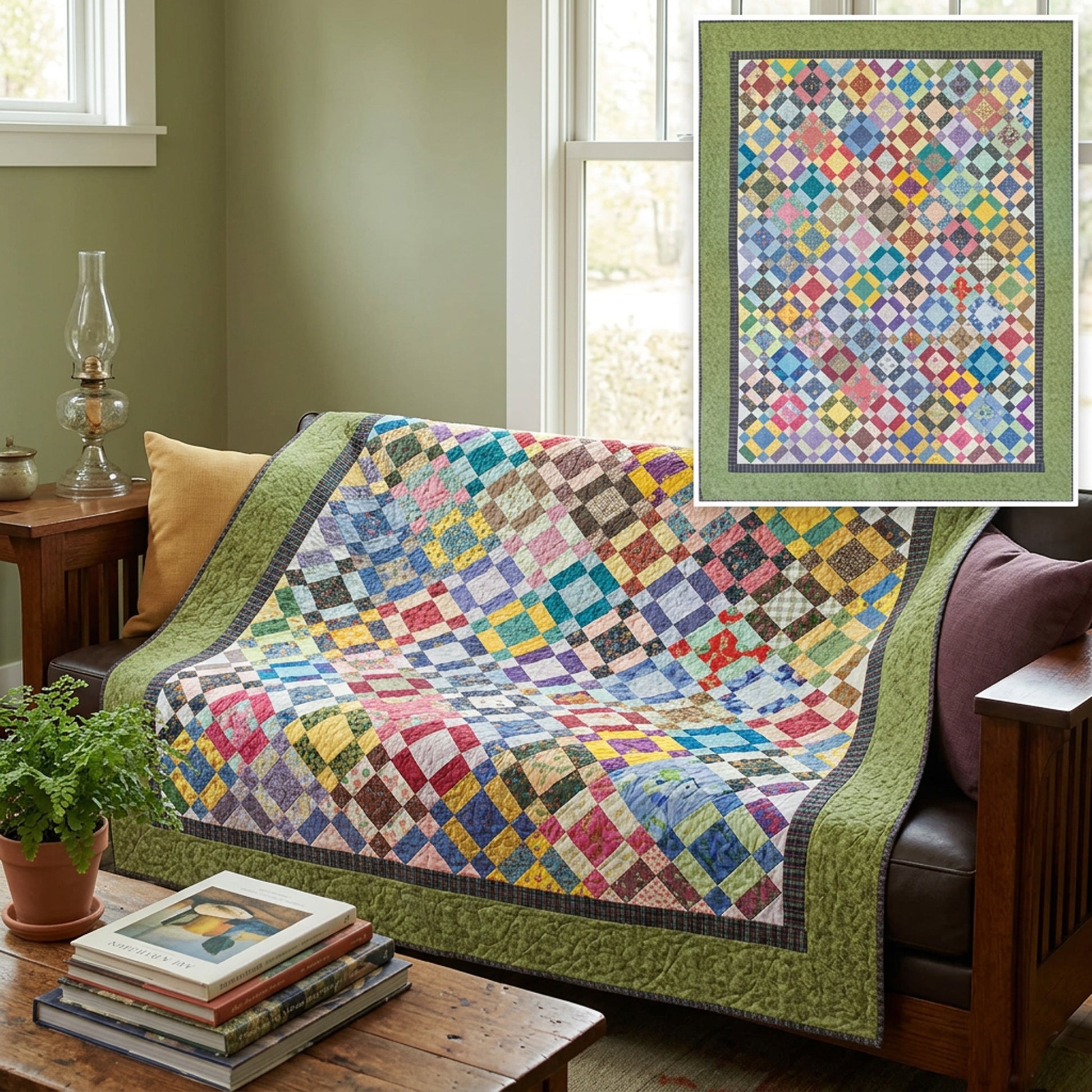 Colorful quilt called Puss in the Corner by Black Cat Creations on a couch with a framed pattern in the corner