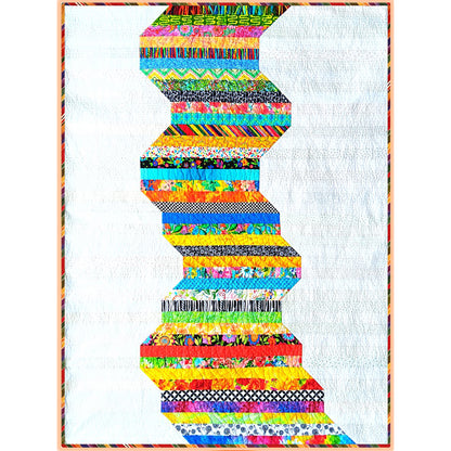 Waterfall of colorful strips along the middle of this bright quilt with strips of colorful fabric bordered by white on either side.