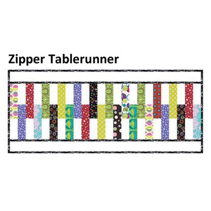 Table runner with a Zipper look down the center with bright colored strips of fabric alternating with white fabric.