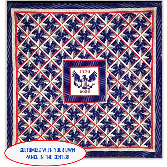 This quilt was designed to commemorate the semi-quincentennial, or 250th anniversary, of the United States of America. It features a mini panel for center and stars dissected with red and white lines to make diamonds around stars.