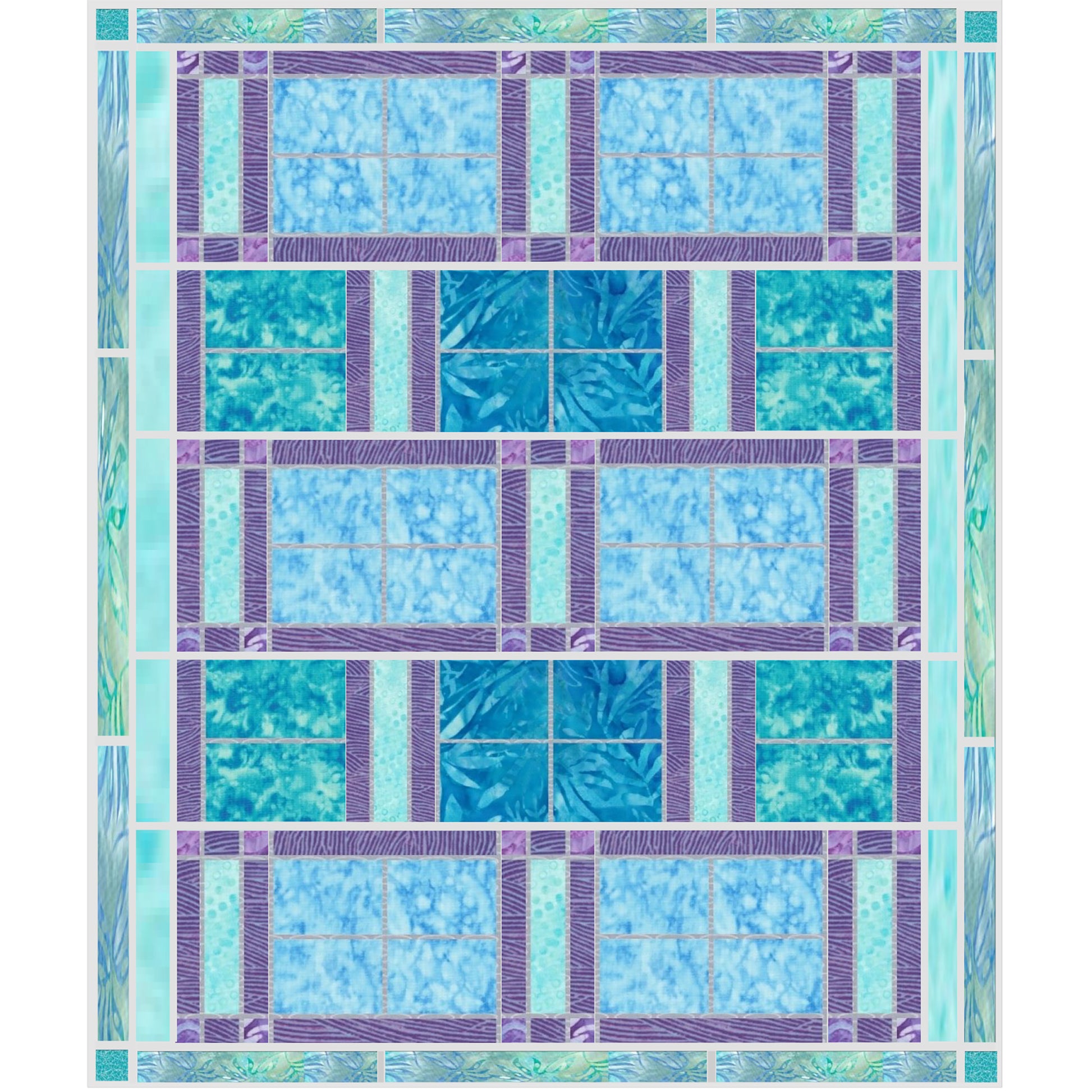 Beautiful king-sized quilt features rectangles of blue and aqua fabric with purple sashing between them giving it an elegant look and feel.