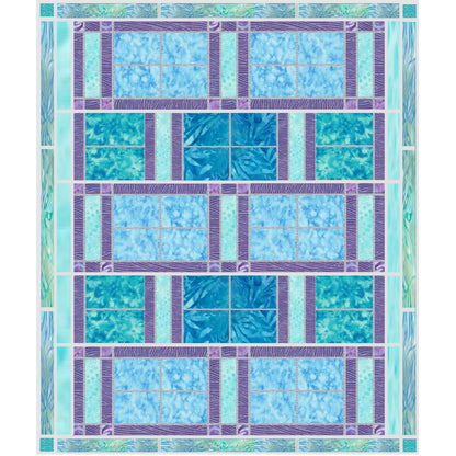Beautiful king-sized quilt features rectangles of blue and aqua fabric with purple sashing between them giving it an elegant look and feel.