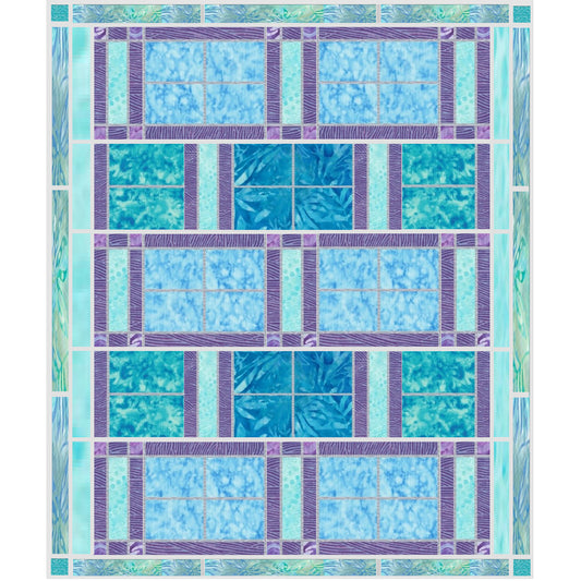 Beautiful king-sized quilt features rectangles of blue and aqua fabric with purple sashing between them giving it an elegant look and feel.
