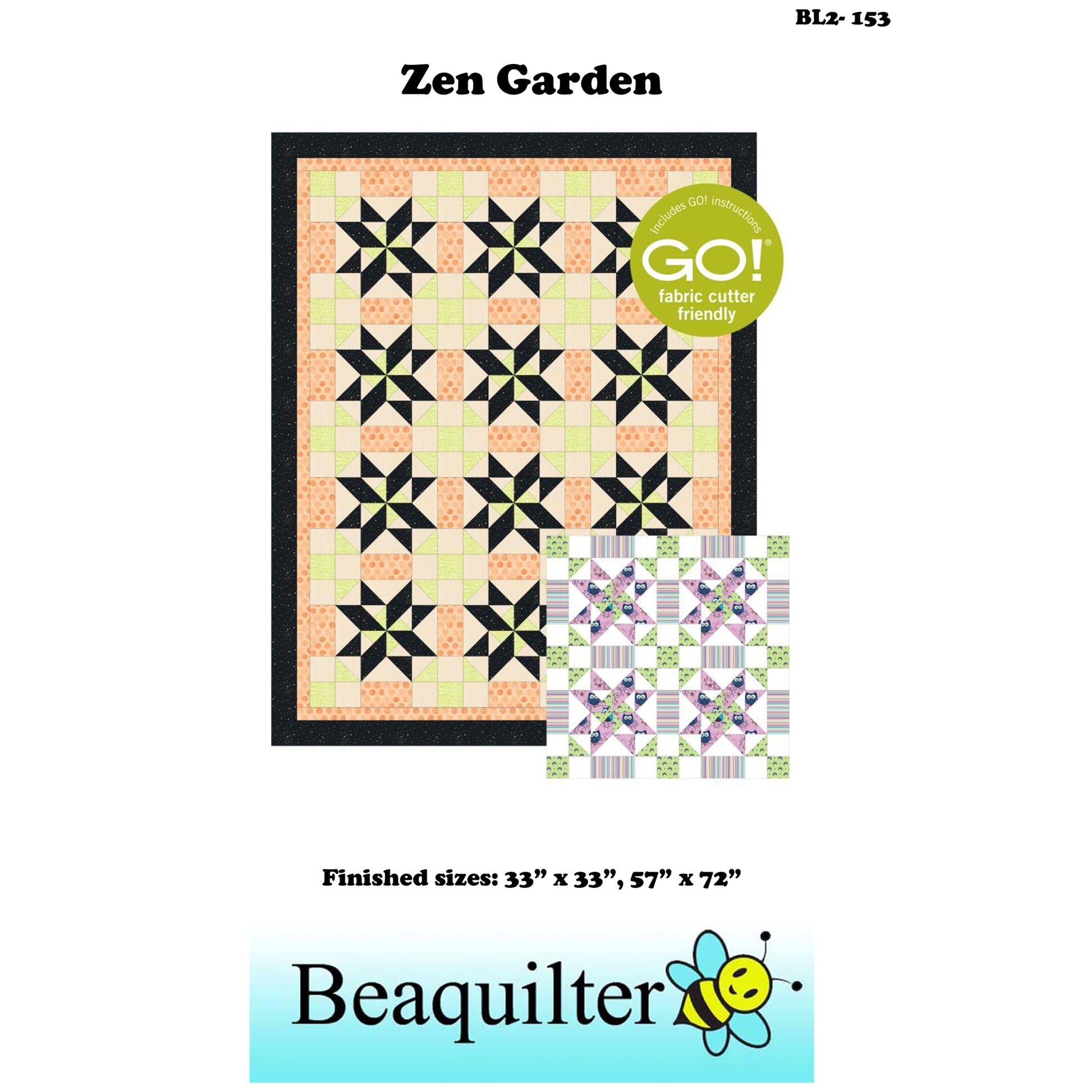 Cover image of pattern for Zen Garden quilt which includes the logo for being a Accuquilt GO! friendly pattern.