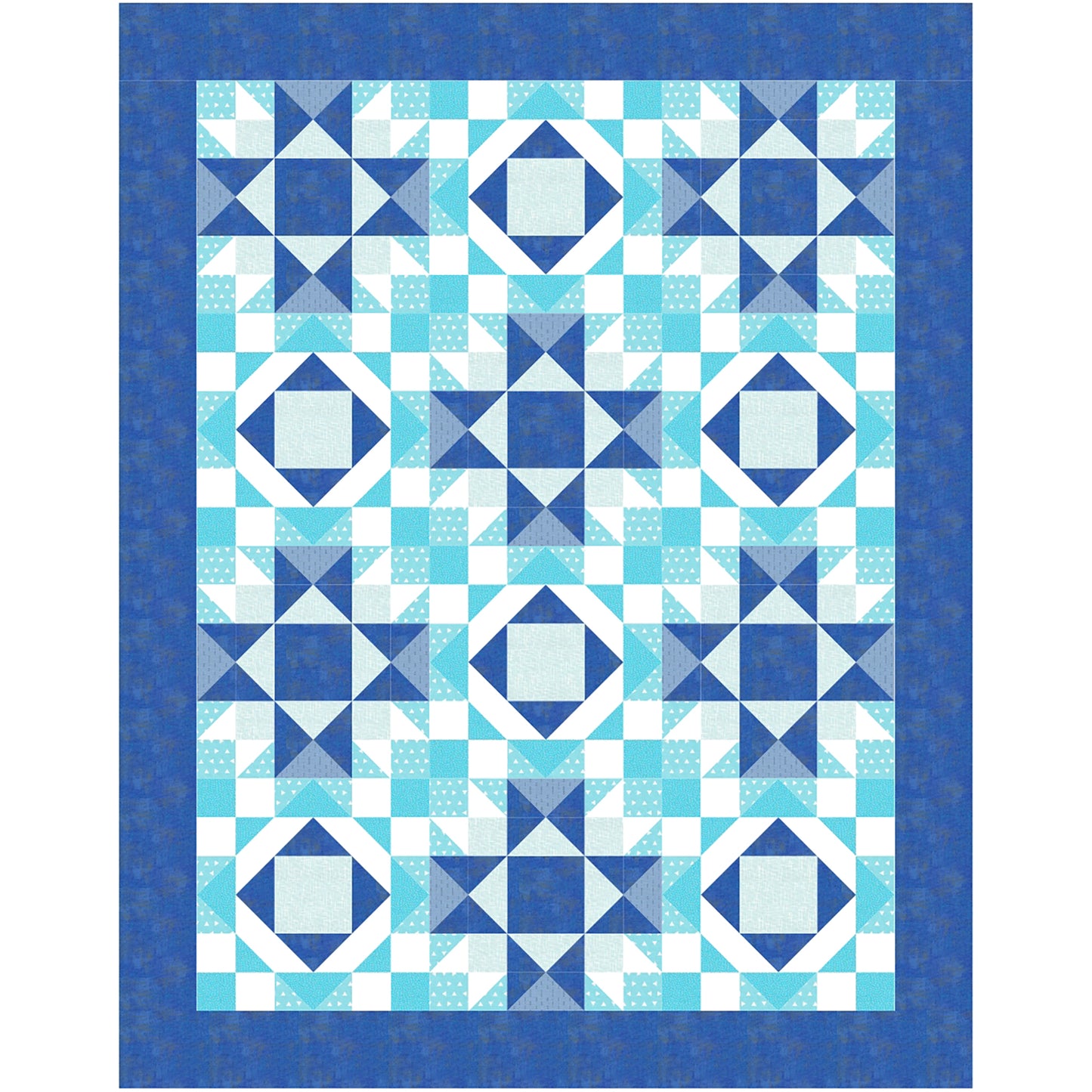 Hug Life quilt features two blocks one star and one diamonds inside each other. This version in blues with white accent.
