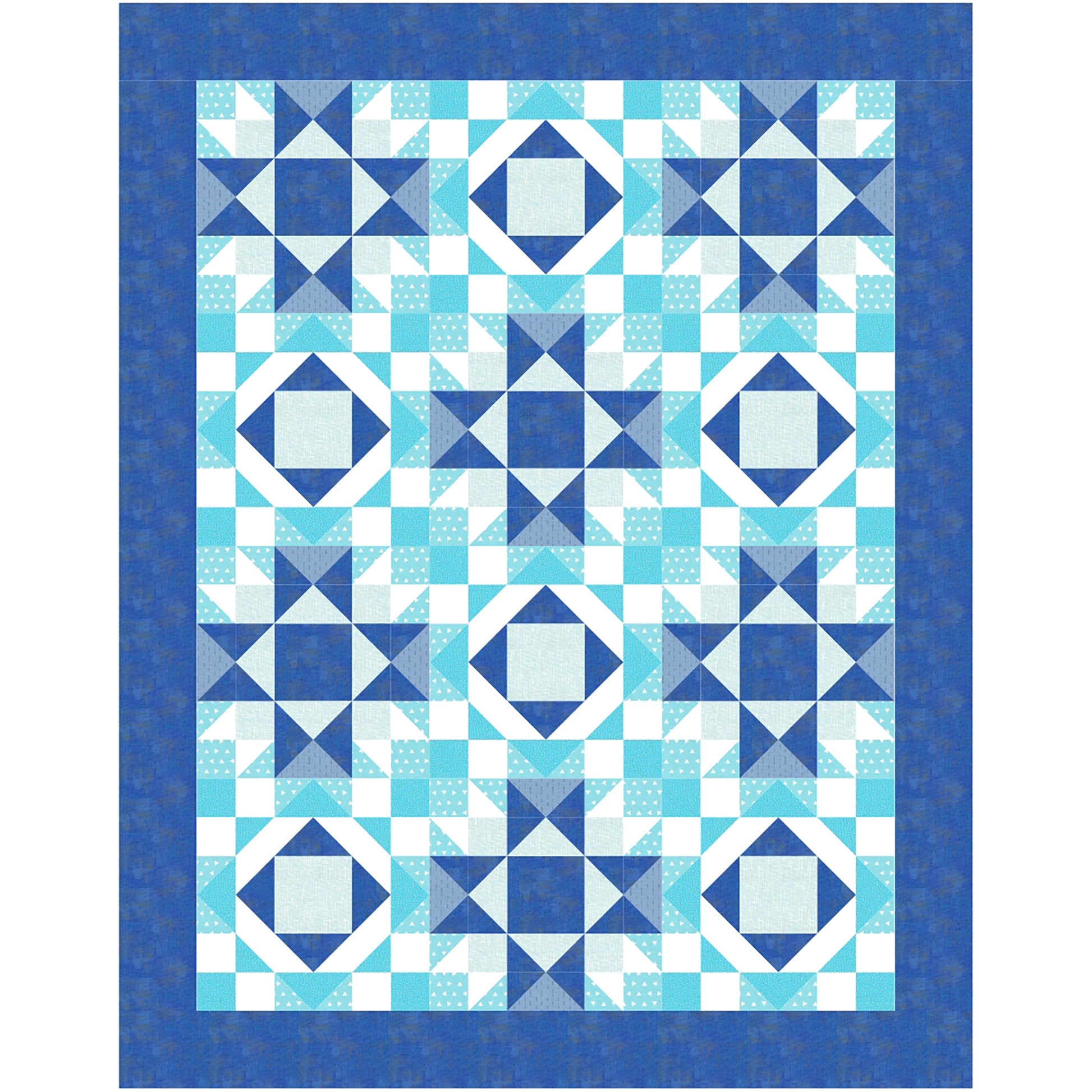 Hug Life quilt features two blocks one star and one diamonds inside each other. This version in blues with white accent.