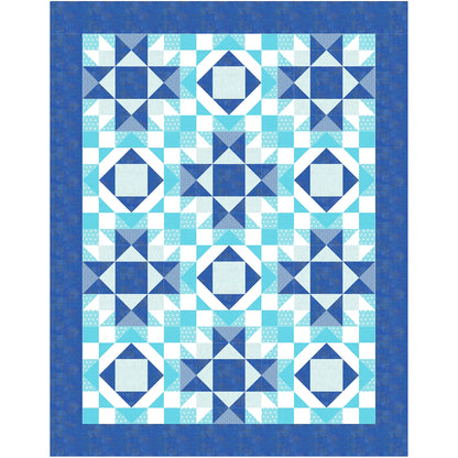 Hug Life quilt features two blocks one star and one diamonds inside each other. This version in blues with white accent.
