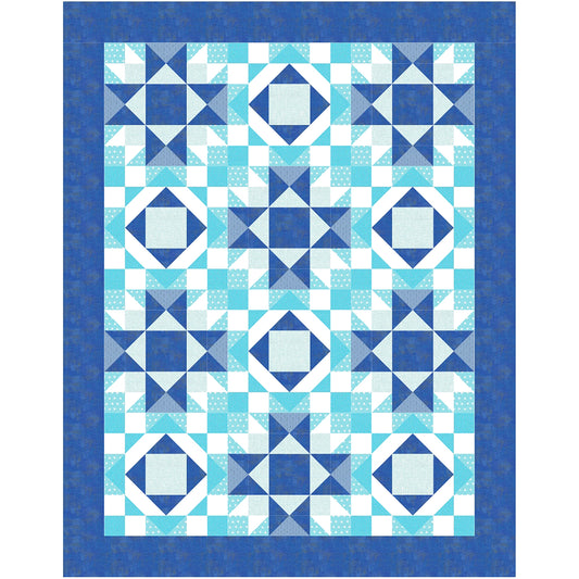 Hug Life quilt features two blocks one star and one diamonds inside each other. This version in blues with white accent.