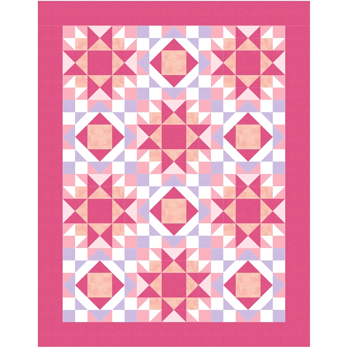 Hug Life quilt features two blocks one star and one diamonds inside each other. This version in pink and purple with white accents.