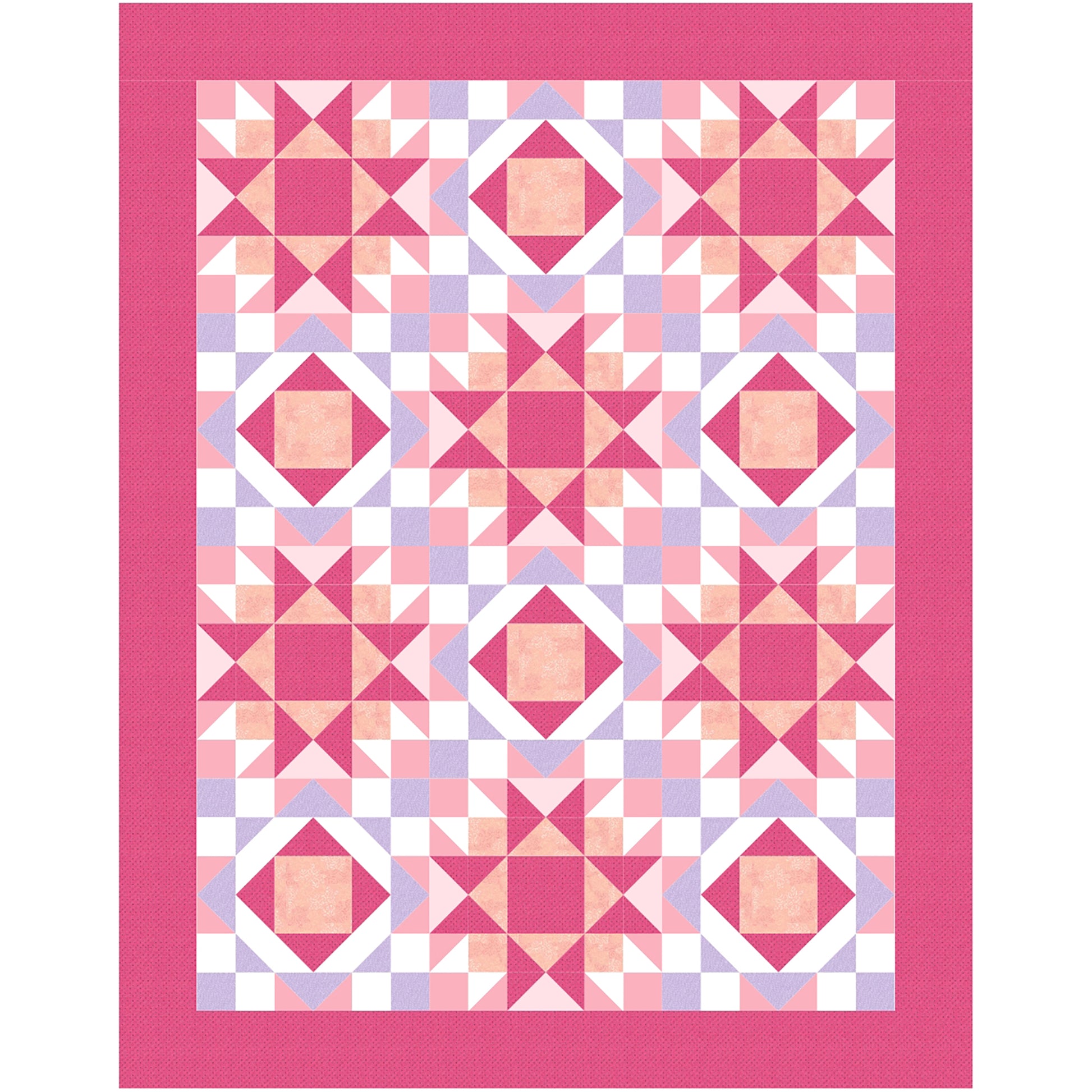 Hug Life quilt features two blocks one star and one diamonds inside each other. This version in pink and purple with white accents.