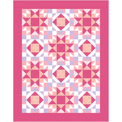 Hug Life quilt features two blocks one star and one diamonds inside each other. This version in pink and purple with white accents.