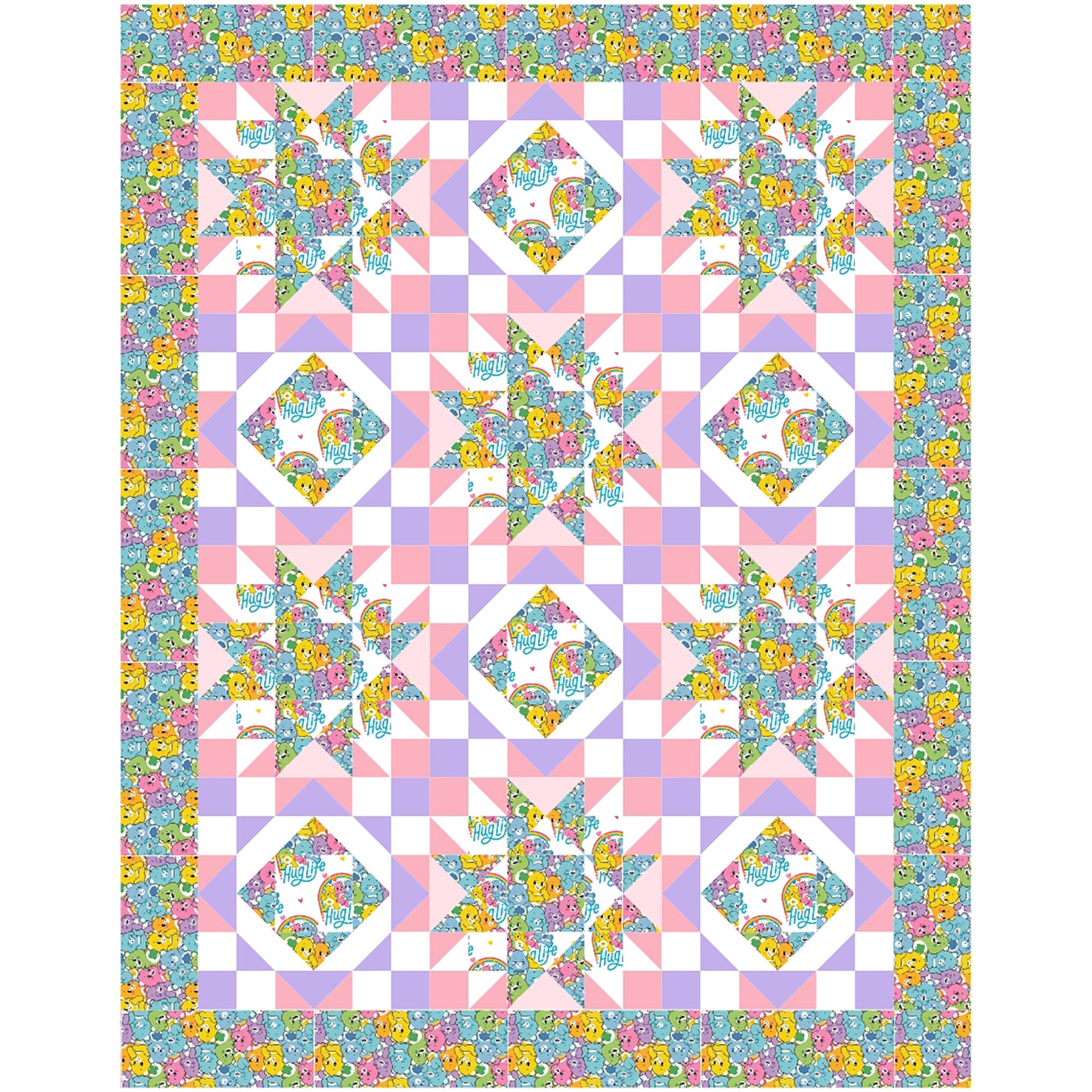 Hug Life quilt features two blocks one star and one diamonds inside each other. This version has bright bear fabric and complimenting pink, purple, and white solid fabric.