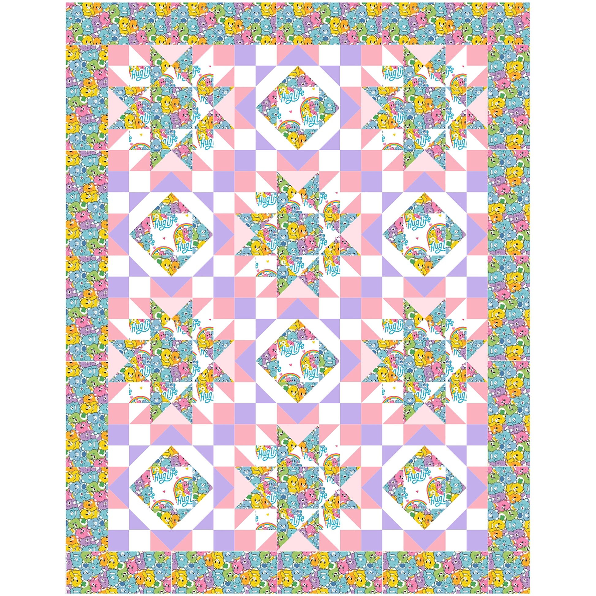 Hug Life quilt features two blocks one star and one diamonds inside each other. This version has bright bear fabric and complimenting pink, purple, and white solid fabric.