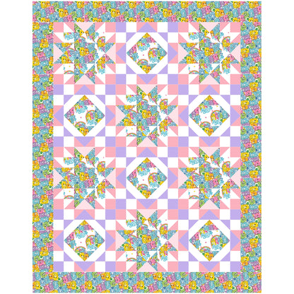 Hug Life quilt features two blocks one star and one diamonds inside each other. This version has bright bear fabric and complimenting pink, purple, and white solid fabric.