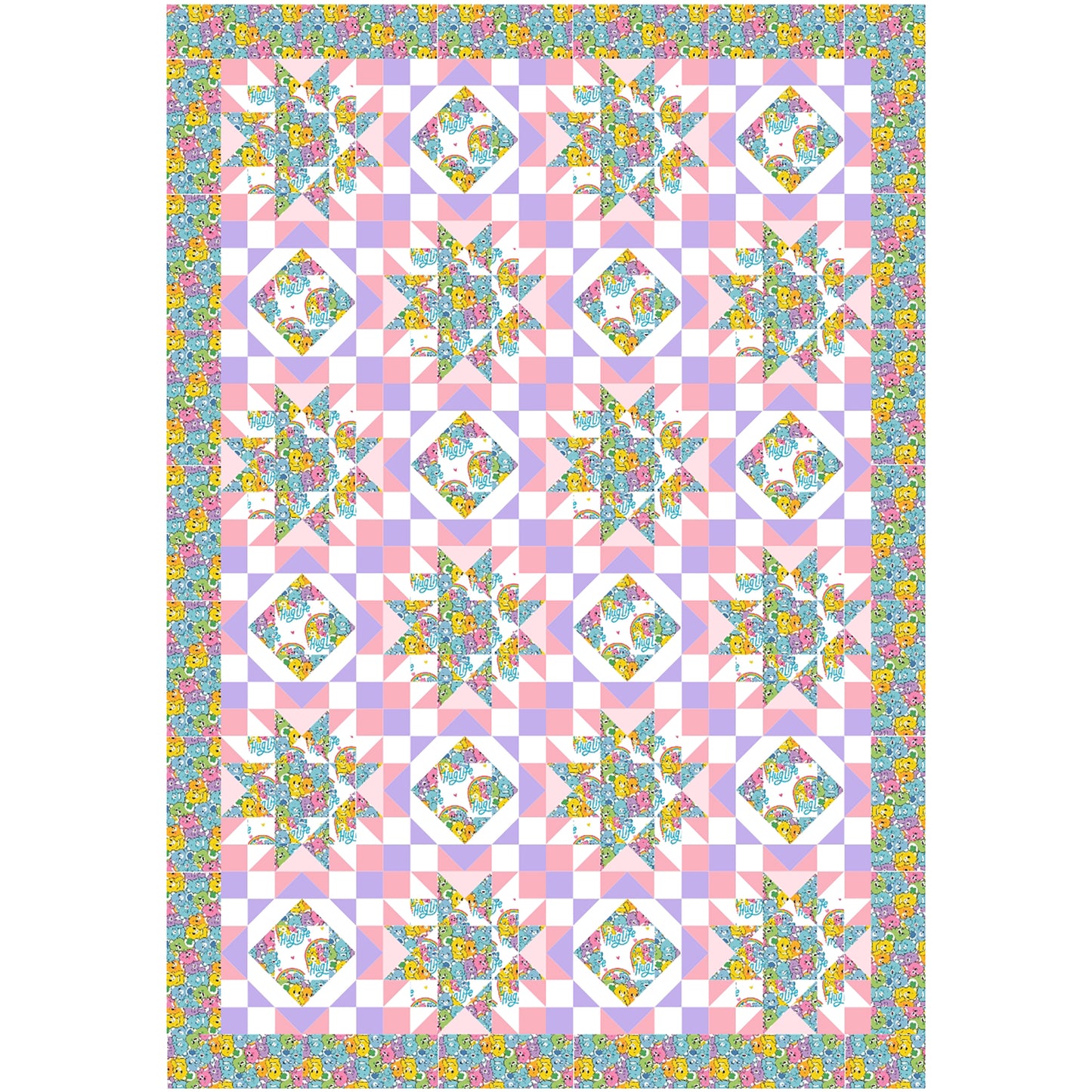 Hug Life quilt features two blocks one star and one diamonds inside each other. This version has bright bear fabric and complimenting pink, purple, and white solid fabric.