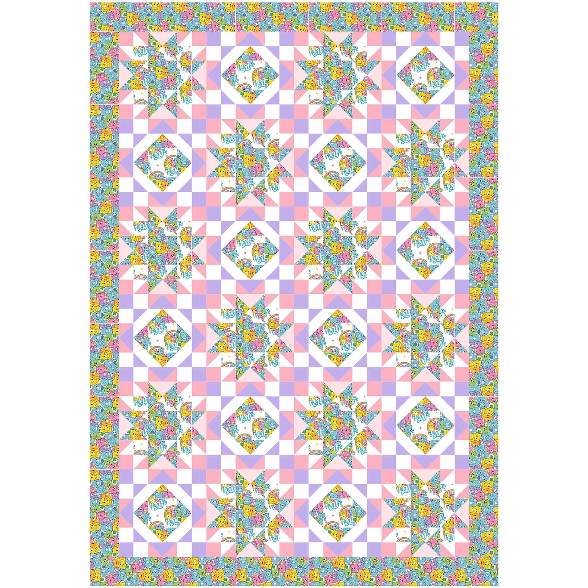Hug Life quilt features two blocks one star and one diamonds inside each other. This version has bright bear fabric and complimenting pink, purple, and white solid fabric.