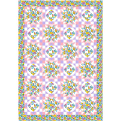 Hug Life quilt features two blocks one star and one diamonds inside each other. This version has bright bear fabric and complimenting pink, purple, and white solid fabric.