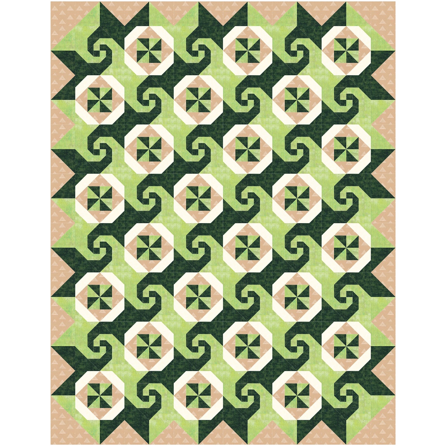 Cafe Latte quilt features squares of swirls, like on a latte made at a shop, pinwheel blocks, and thimble looking blocks.