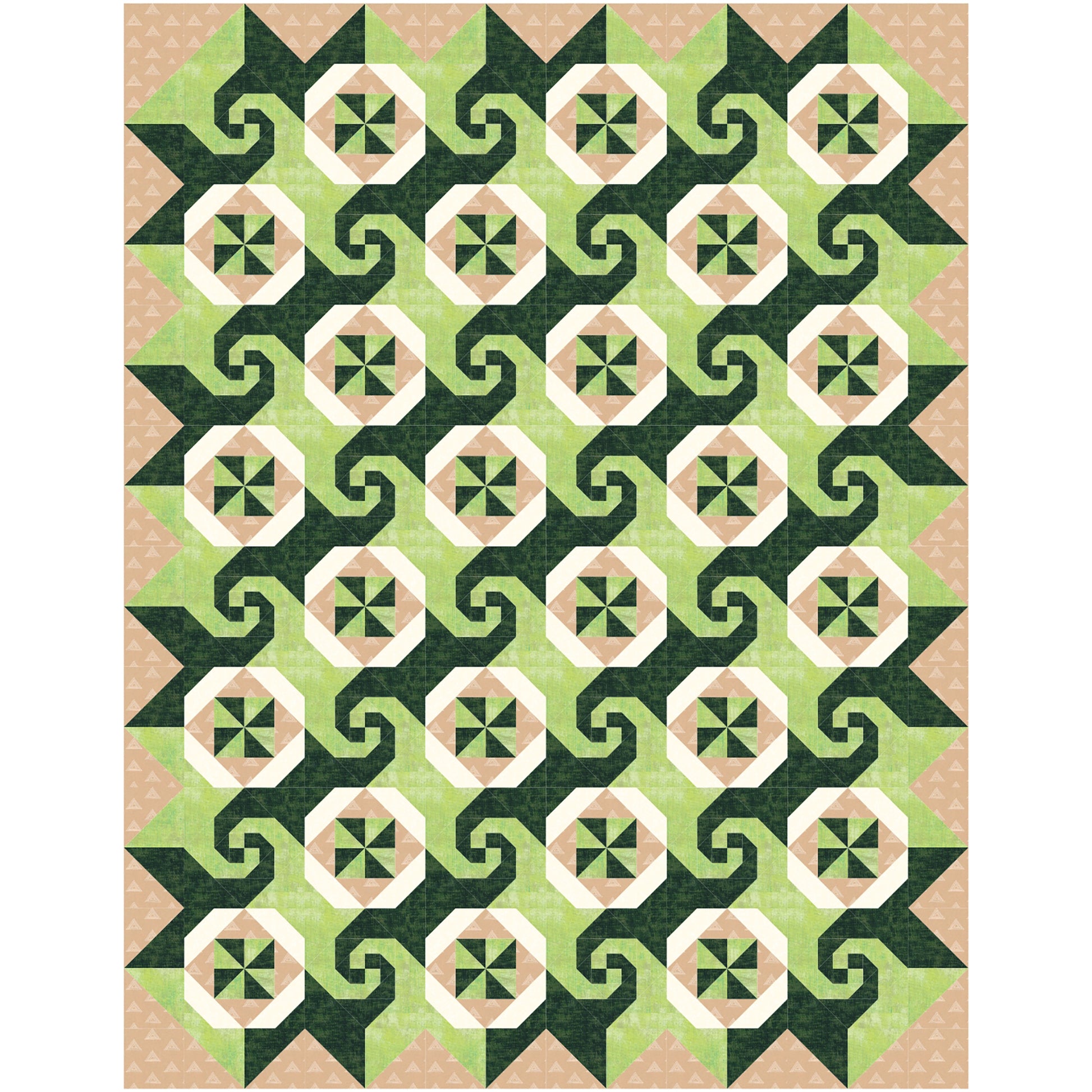 Cafe Latte quilt features squares of swirls, like on a latte made at a shop, pinwheel blocks, and thimble looking blocks.