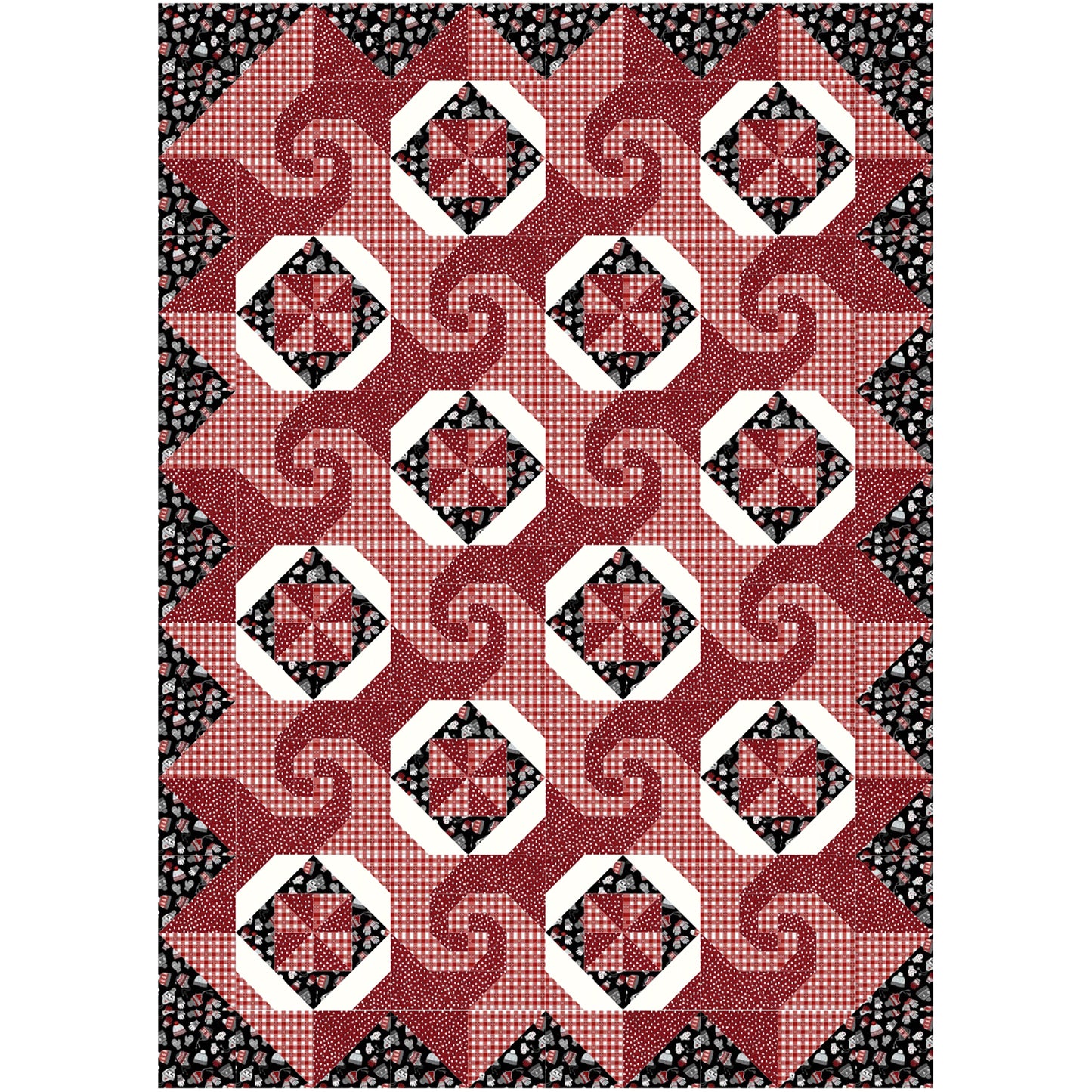 Cafe Latte quilt features squares of swirls, like on a latte made at a shop, pinwheel blocks, and thimble looking blocks.