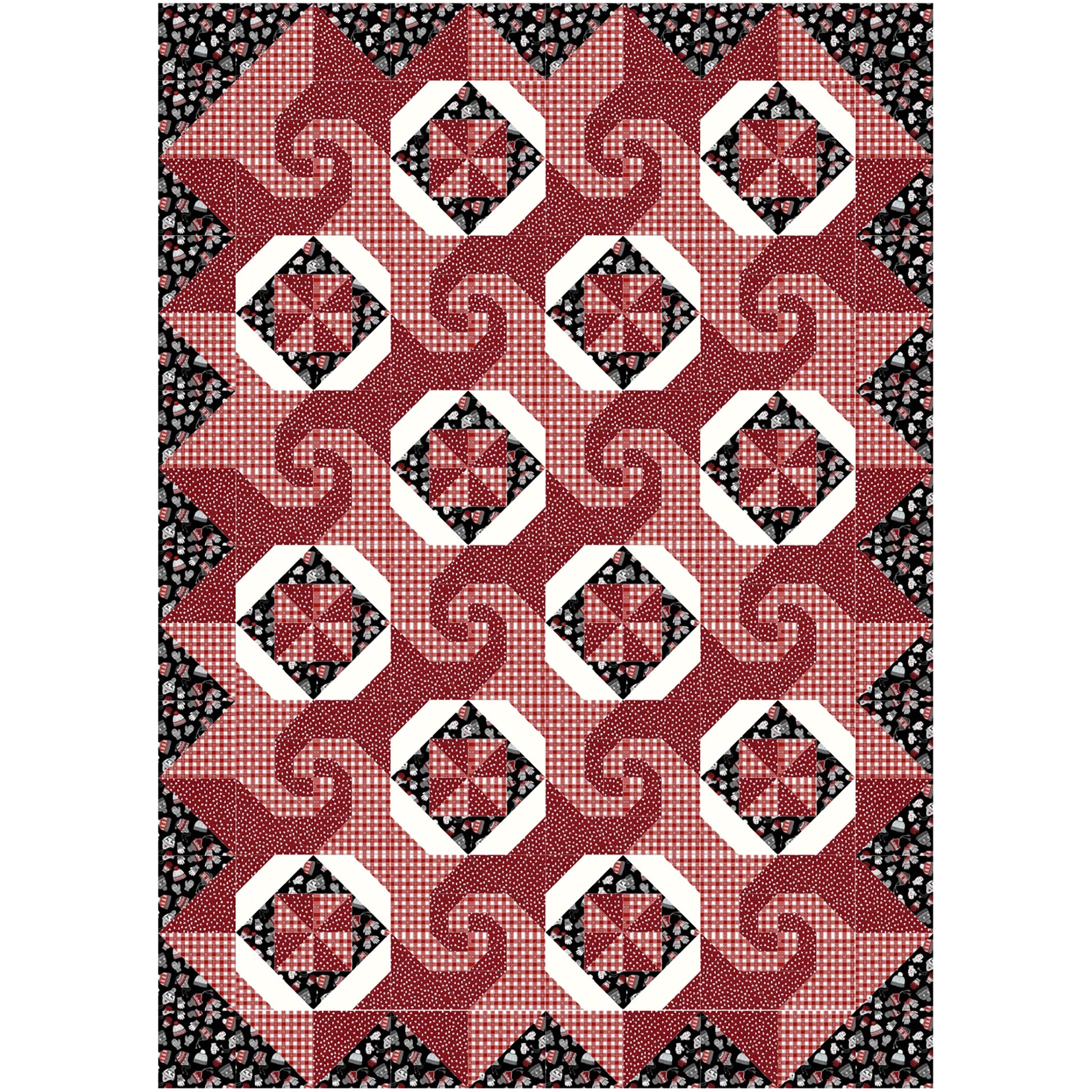 Cafe Latte quilt features squares of swirls, like on a latte made at a shop, pinwheel blocks, and thimble looking blocks.