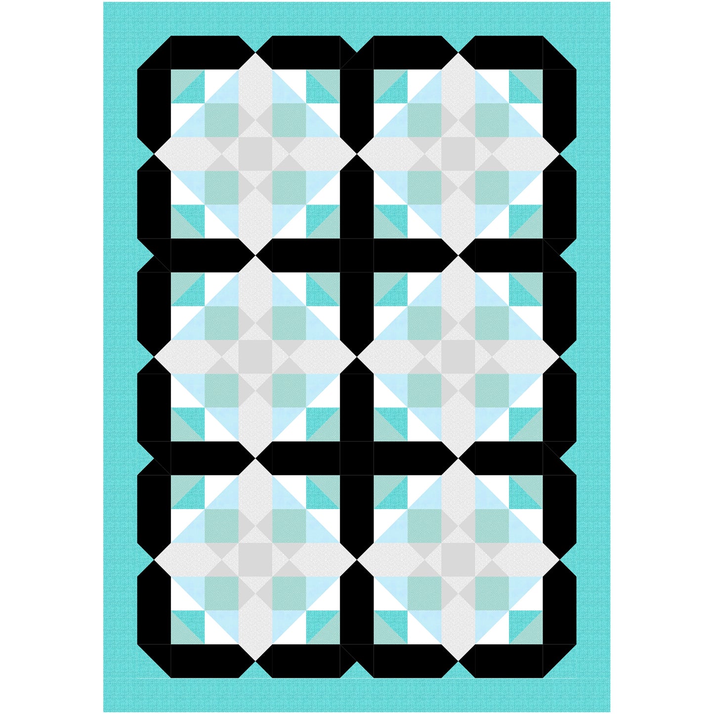 Unique quilt features blocks of diamonds with subtle flowers inside with black outline of each block. 