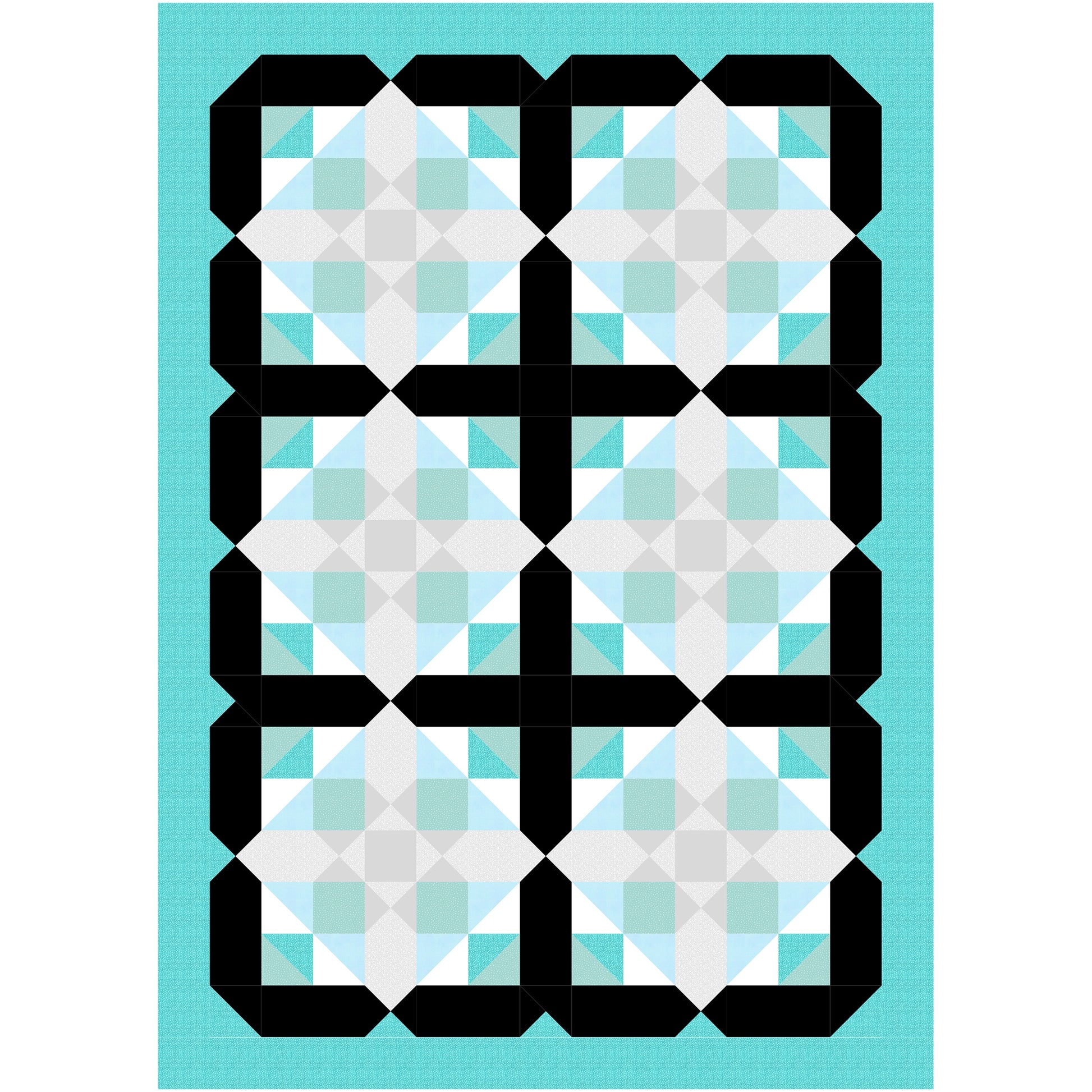 Unique quilt features blocks of diamonds with subtle flowers inside with black outline of each block. 