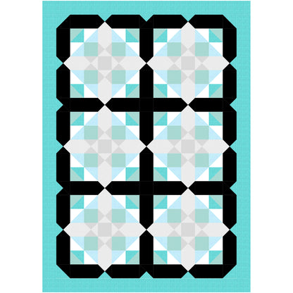 Unique quilt features blocks of diamonds with subtle flowers inside with black outline of each block. 