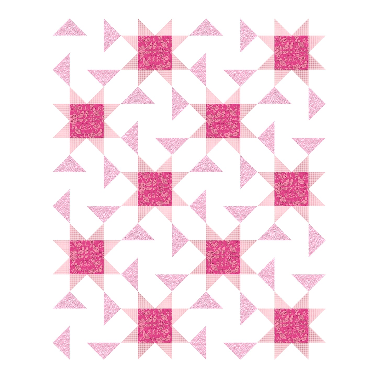 A pink and white quilt featuring a star pattern. 