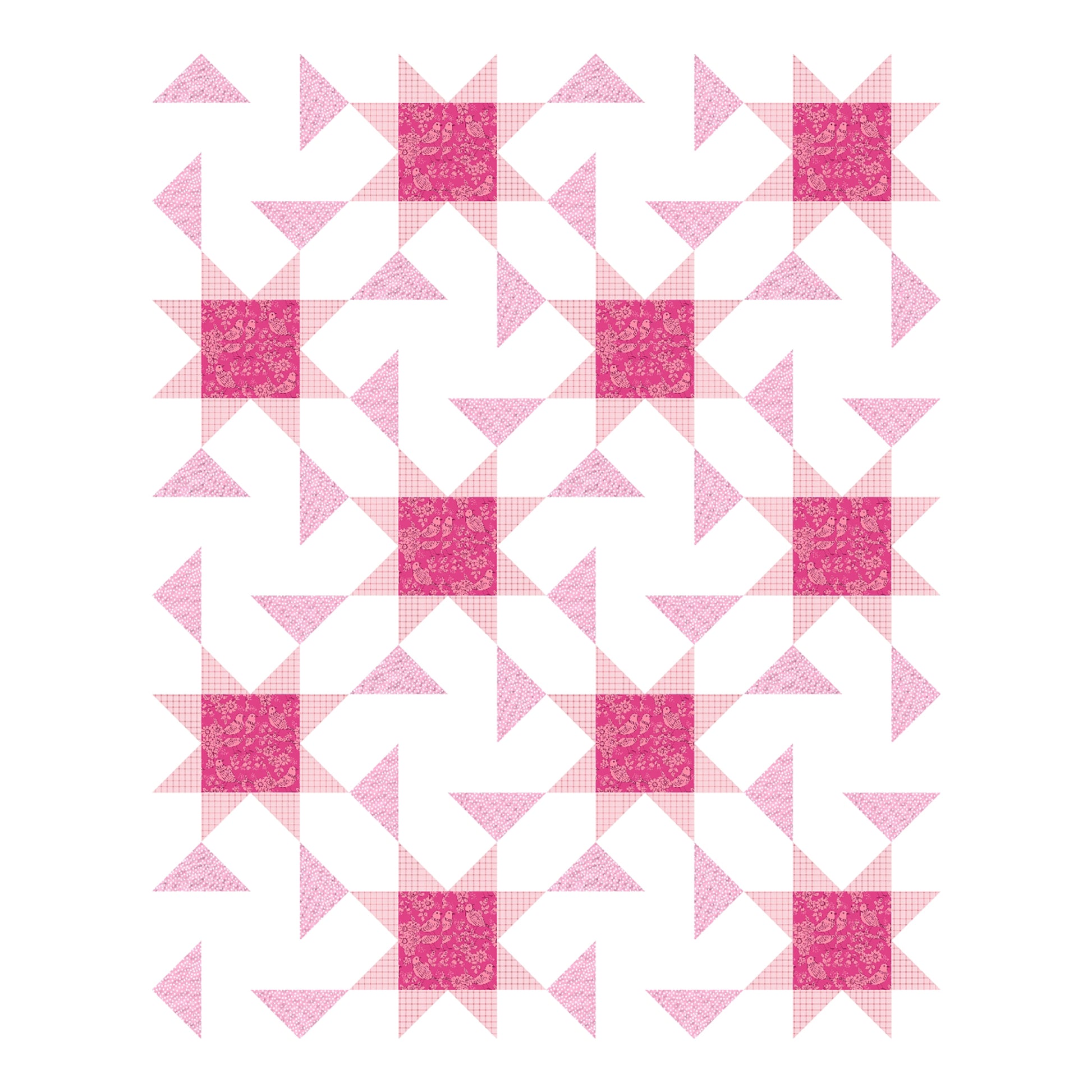 A pink and white quilt featuring a star pattern. 