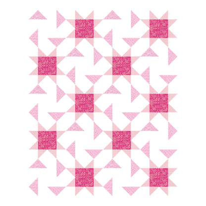 A pink and white quilt featuring a star pattern. 